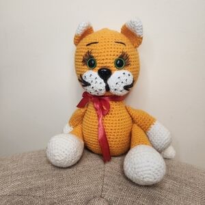 Handmade Orange and White Crochet Cat Toy